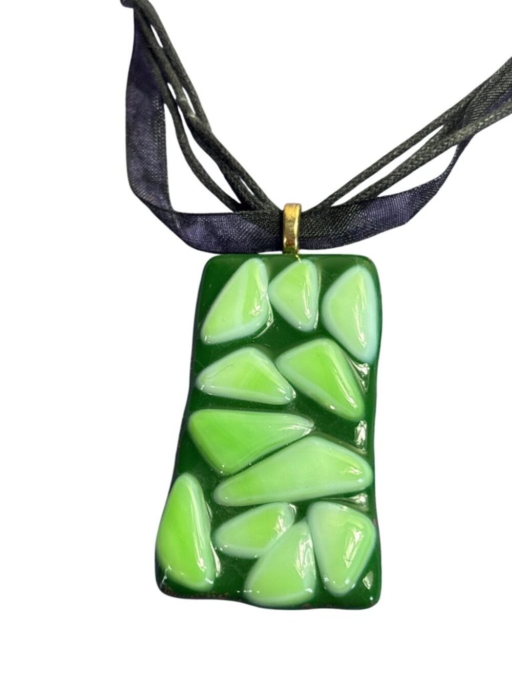 2 Tone Green Geometric Art Glass Pendant Necklace Multi Strand Black Cord Ribbon